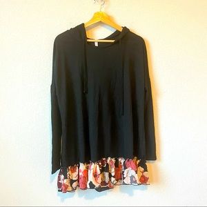 Mai Soli Black Pullover Hoodie w/ Floral Hem
